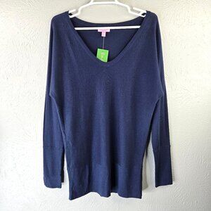 Lilly Pulitzer V Neck Sweater M Blue Silk Blend Pullover Preppy Minimalist Top